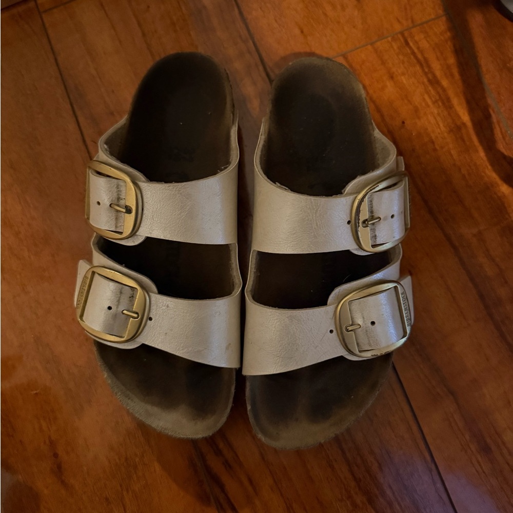 Birkenstock White Sandals with Gold Buckles